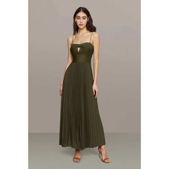 AMUR Linda Leather Crepe Midi Dress Olive Green 8 Sleeveless Cocktail Fit Flare - Picture 2 of 7